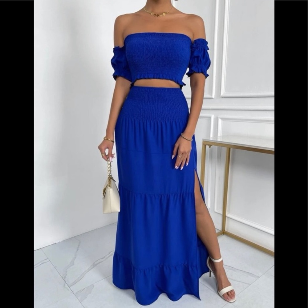 Off-Shoulder Royal Blue Smocked Skirt Set